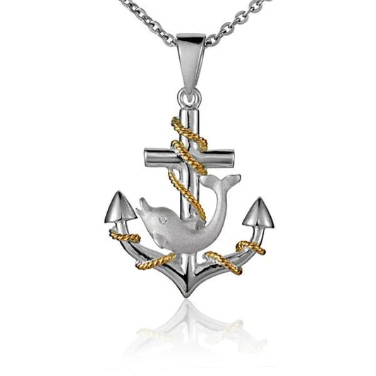 Sterling silver Dolphin Anchor 2T pendant featuring a detailed dolphin and anchor design, crafted by Ashley's Gift Shop.