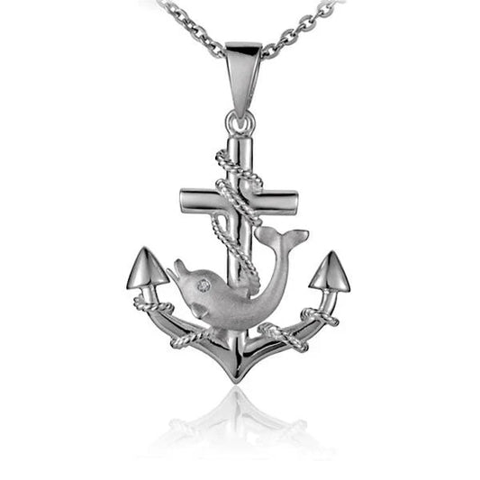Sterling silver dolphin and anchor pendant featuring intricate detailing, perfect for nautical-themed jewelry.