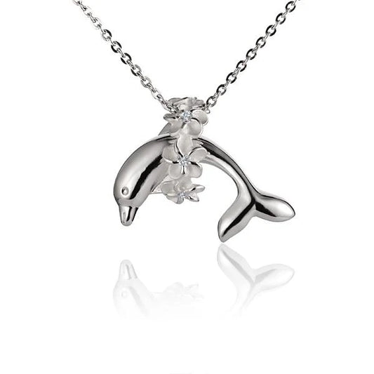 Dolphin Half Lei Pendant in silver, featuring a dolphin-shaped design, on a chain, from Ashley's Gift Shop.