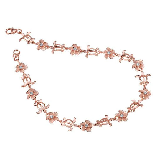 Sterling silver Dolphin Honu Plumeria CZ anklet with 8mm links, plated in rose gold, featuring detailed dolphin and flower charms.
