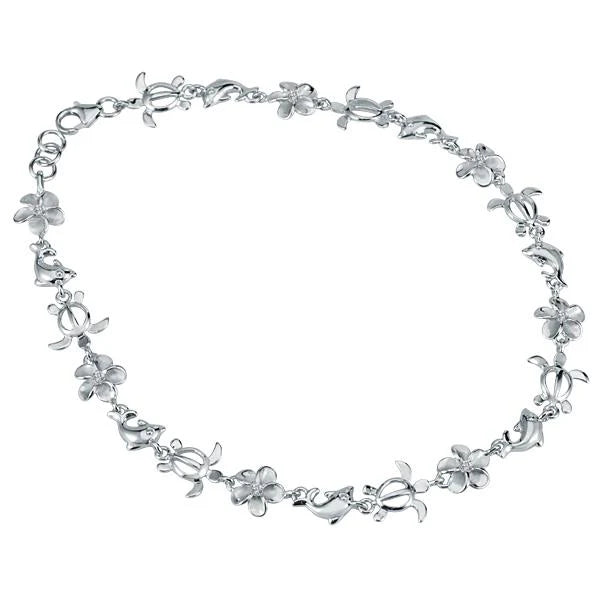 Hawaiian 925 Sterling Silver dolphin Honu Plumeria CZ anklet with 8mm beads, featuring rhodium plating and intricate dolphin.