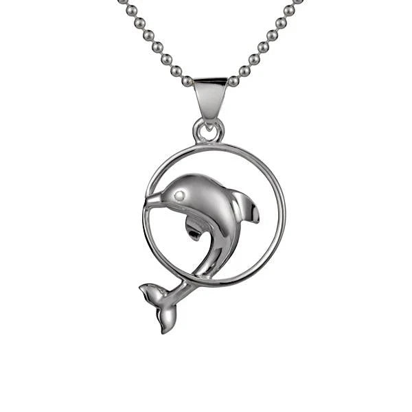 Hawaiian 925 Sterling Silver dolphin in circle pendant featuring a sleek, polished design.