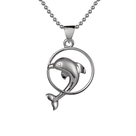 Dolphin in circle pendant necklace featuring a silver dolphin charm inside a circular frame, jewelry accessory.