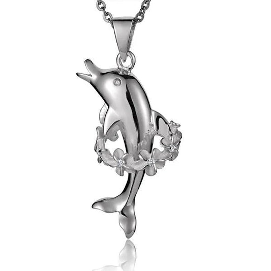Sterling silver Dolphin Lei Pendant showcasing a detailed dolphin design, perfect for beach or tropical jewelry styles.