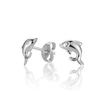 Silver dolphin-shaped earring from Ashley's Gift Shop, featuring detailed marine animal design for stylish accessory wear.