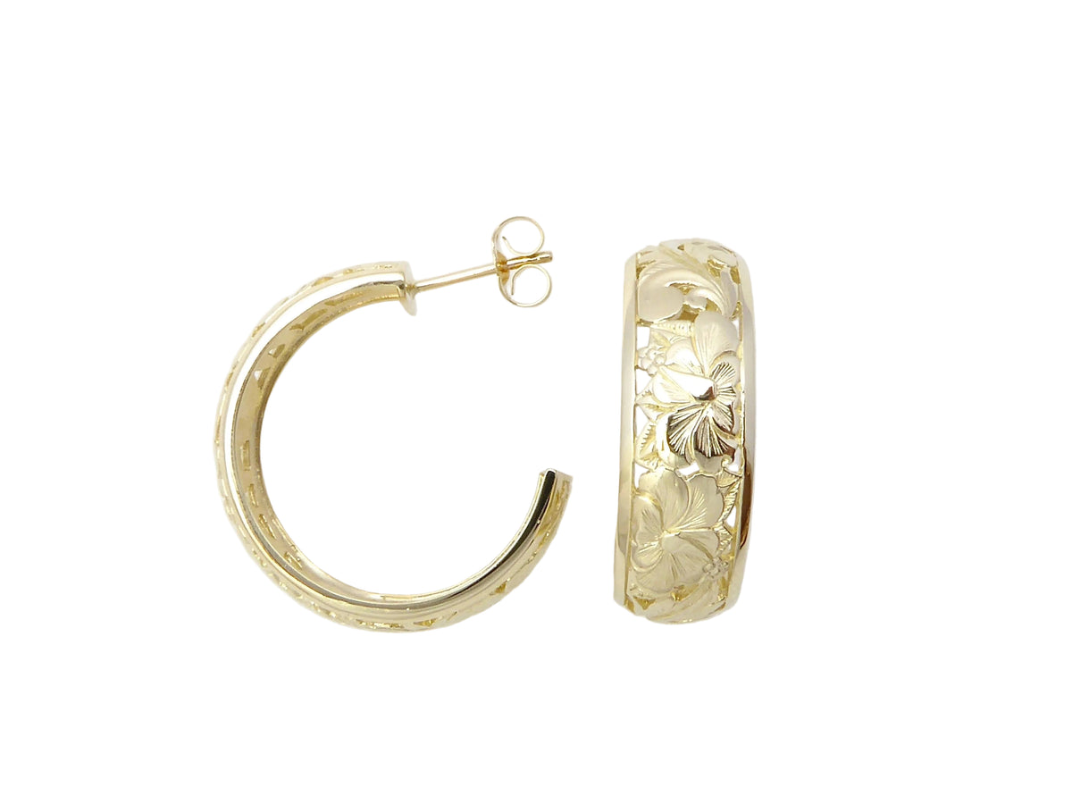Hawaiian 14K Gold dome hoop earring, long 8mm size, shiny jewelry piece with smooth, rounded design.