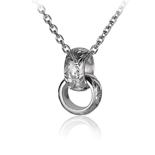 Double engraved barrel pendant necklace featuring personalized initials, crafted by Ashley's Gift Shop, with detailed metal finish.