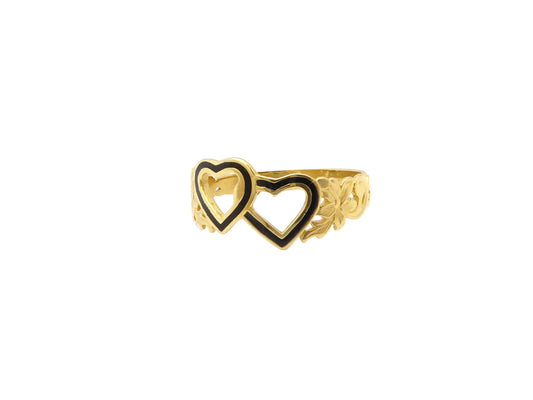 Hawaiian 14K Gold double heart ring with initial engraving, featuring a delicate design and romantic style.