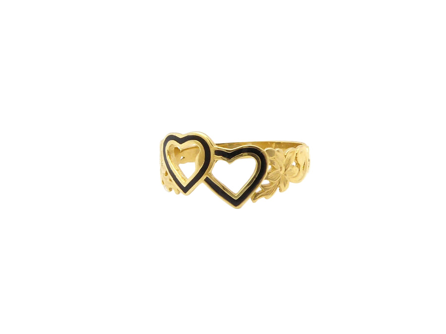 Hawaiian 14K Gold double heart ring with initial engraving, featuring a delicate design and romantic style.