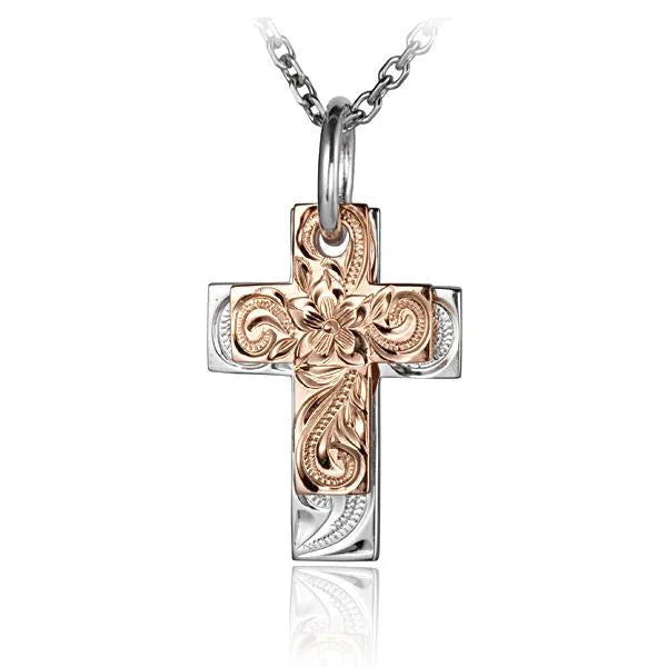 Hawaiian 925 Sterling Silver double scroll cross pendant with intricate design.