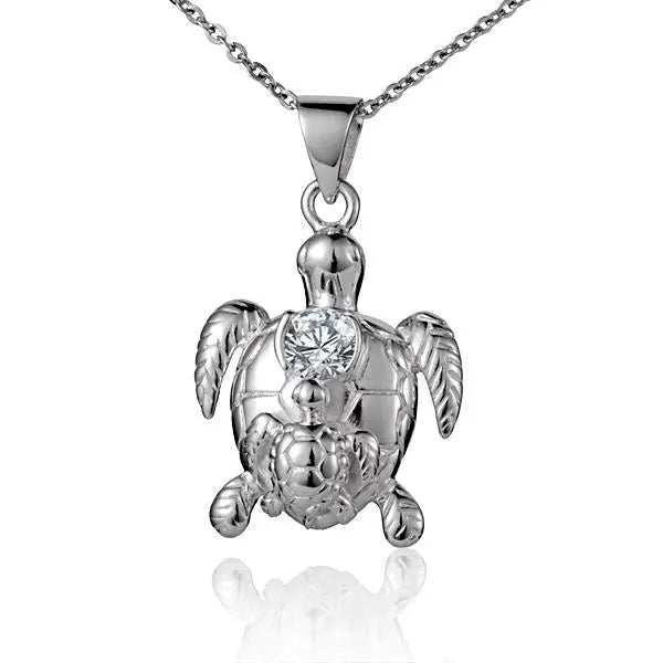 Hawaiian 925 Sterling Silver double Turtle CZ pendant featuring two turtles with sparkling cubic zirconia accents.