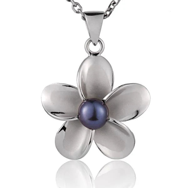 Rhodium Plumeria DB Pearl Pendant - 25mm image 0