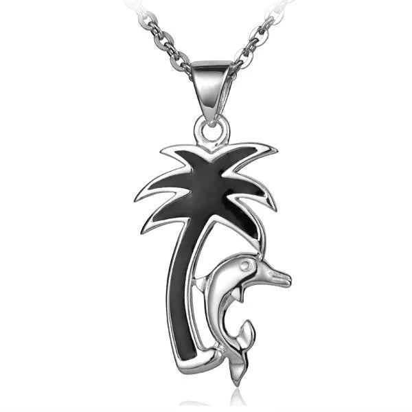Hawaiian 925 Sterling Silver enamel palm tree and dolphin pendant featuring colorful details.
