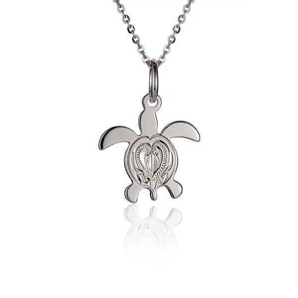 Hawaiian 925 Sterling Silver engraved Honu pendant featuring intricate turtle design.