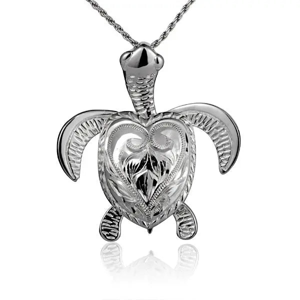 Hawaiian 925 Sterling Silver large engraved turtle pendant in 925 sterling silver with detailed shell design.