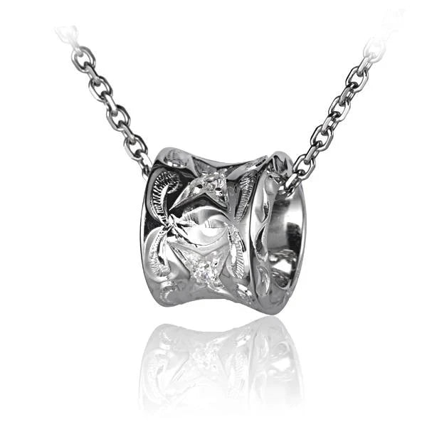 Hawaiian 925 Sterling Silver eSP Barrel pendant with star CZ engravings, featuring intricate detailing and a polished finish.