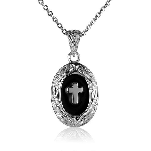 Black oval scroll pendant featuring an ESP cross design, crafted by Ashley's Gift Shop, displayed on a chain.