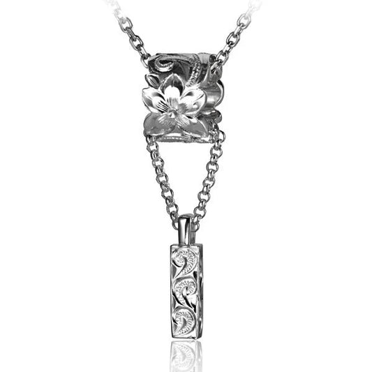 ESP Engraved Barrel Dangling Bar Pendant featuring a sleek metal bar with engraved details, hanging from a delicate chain.