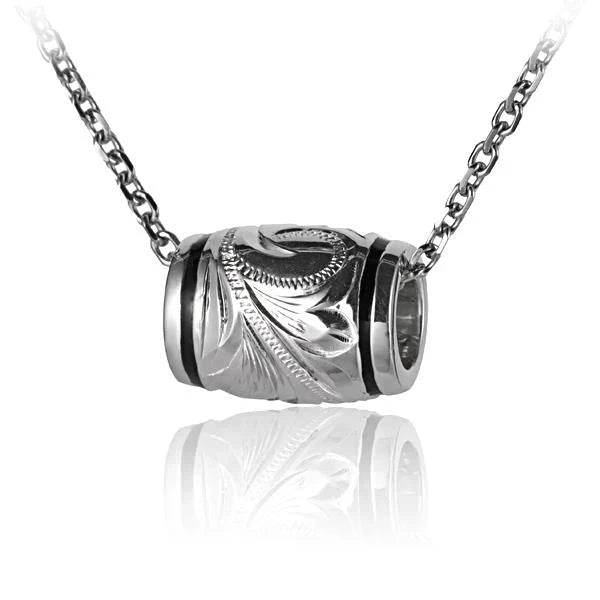 Hawaiian 925 Sterling Silver eSP Engraved Barrel Pendant in medium size, featuring detailed craftsmanship and a polished.