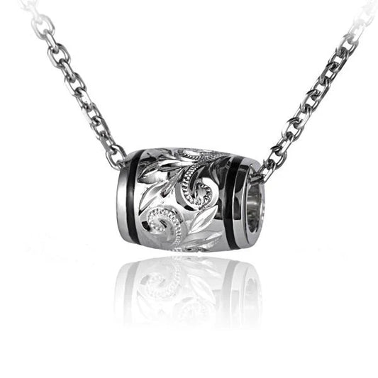 Silver ESP Engraved Barrel Pendant on a chain, showcasing detailed engraving and polished finish, designed by Ashley's Gift Shop.