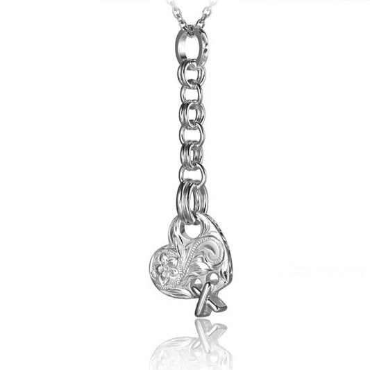 Silver ESP Engraved Heart and Cross Dangling Pendant featuring engraved details, perfect for meaningful jewelry.