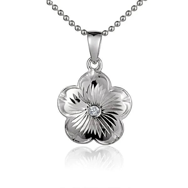 Hawaiian 925 Sterling Silver eSP Flower pendant with cubic zirconia accents, featuring a delicate floral design.