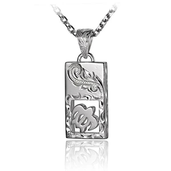 Hawaiian 925 Sterling Silver eSP Honu vertical engraved pendant with turtle design, detailed craftsmanship.