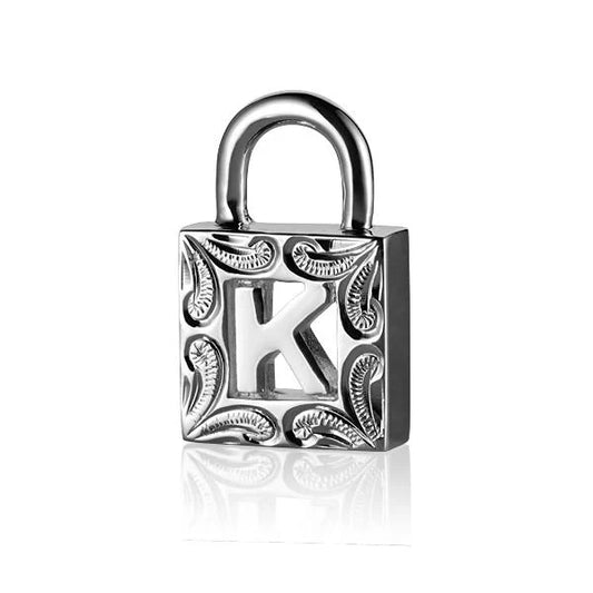 Silver ESP Lock pendant with "K" engraving, featuring intricate details and a sleek design, crafted by Ashley's Gift Shop.
