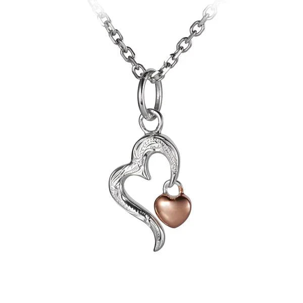 Hawaiian 925 Sterling Silver eSP Open Scroll Heart and PG Heart Pendant with intricate designs, elegant jewelry piece.
