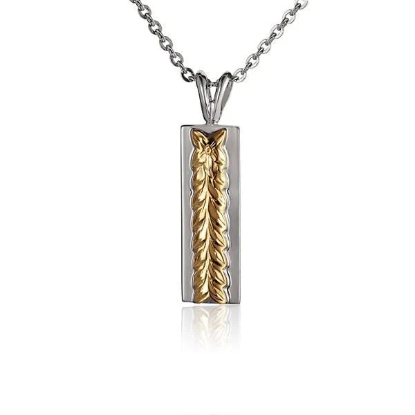 Hawaiian 925 Sterling Silver eSP Raised Maile YG 6x4mm pendant with intricate design.