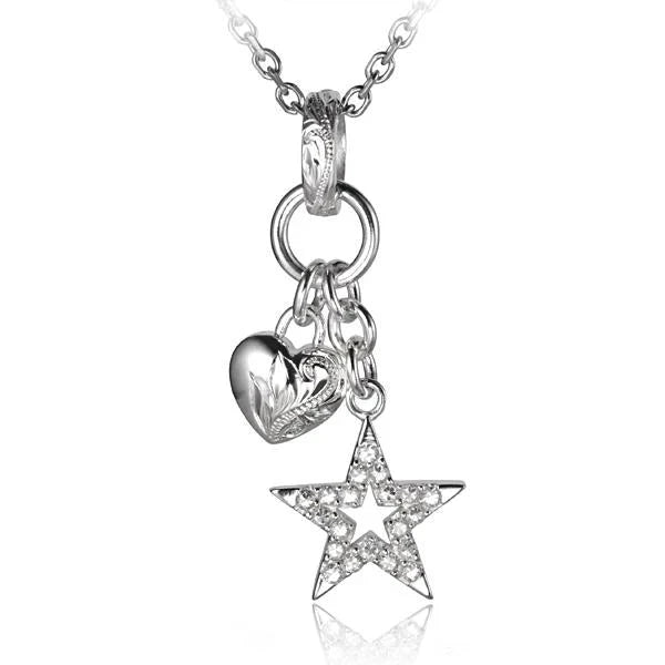 Hawaiian 925 Sterling Silver eSP scroll bell pendant with heart and star charms, featuring intricate engraved details.