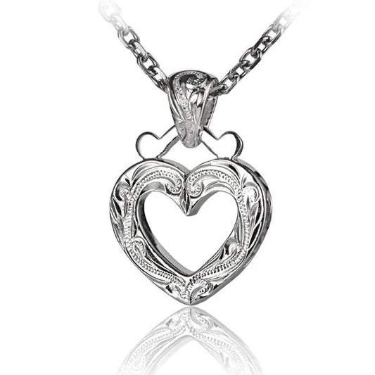 Silver ESP scroll outline heart pendant from Ashley's Gift Shop, featuring a delicate heart-shaped design with intricate scroll details.