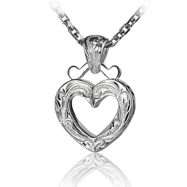 Hawaiian 925 Sterling Silver eSP scroll outline heart pendant with intricate design.