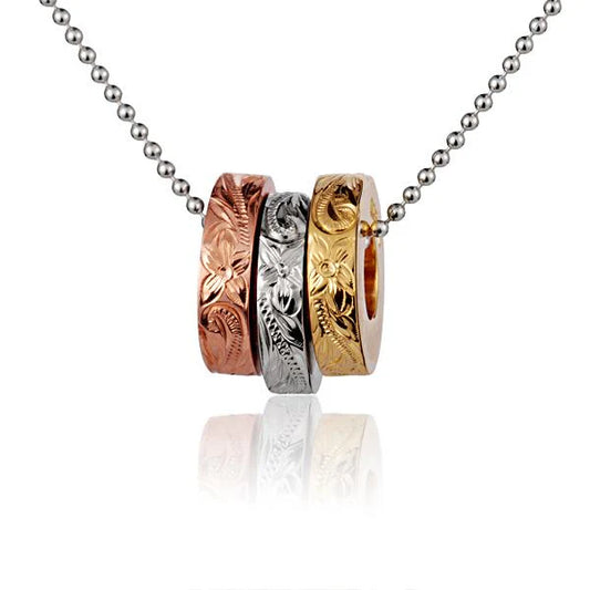 Three-color engraved ESP Tri-Ring Pendant with metallic finish, featuring layered rings and detailed engraving.