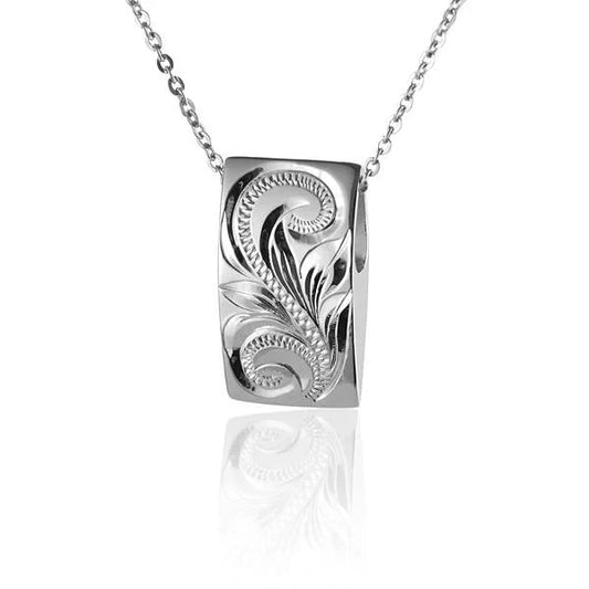 Sterling silver engraved scroll pendant featuring intricate design, crafted from 925 sterling silver, ideal for necklaces.