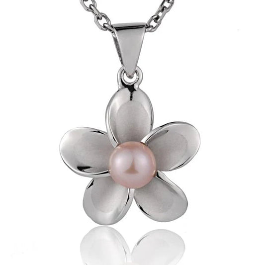 Rhodium Plumeria Pink Pearl Pendant - 20mm image 0