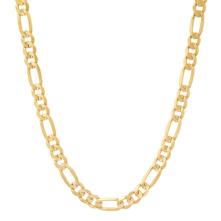 14K gold Figaro chain with 6.5mm links, showcasing shiny, polished gold links, ideal for stylish jewelry wear.