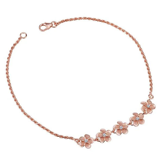 Five Plumeria CZ PG Rhodium Anklet with 8mm beads, featuring delicate floral design and shiny silver finish.