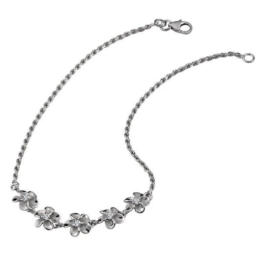 Five Plumeria CZ rhodium anklet with 8mm beads, featuring delicate floral design, perfect for elegant beach or summer wear.
