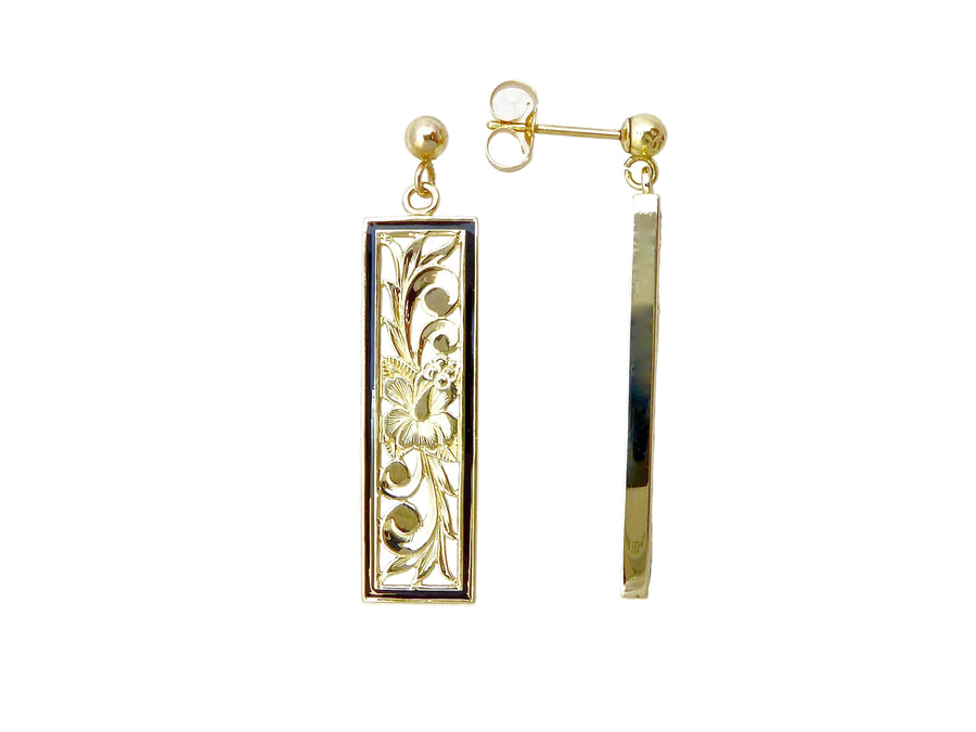 Hawaiian 14K Gold flat vertical earring, long 8mm style, with sleek modern design.