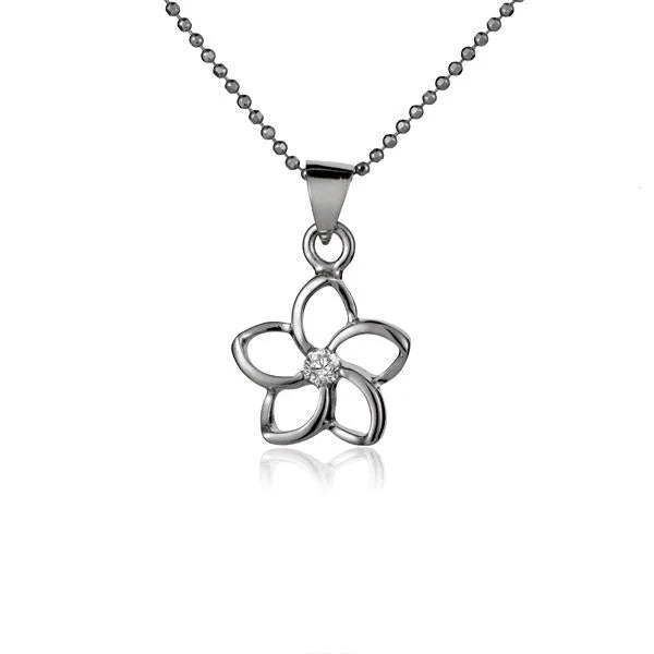 Hawaiian 925 Sterling Silver floating Plumeria CZ pendant, 12mm, featuring a delicate floral design.