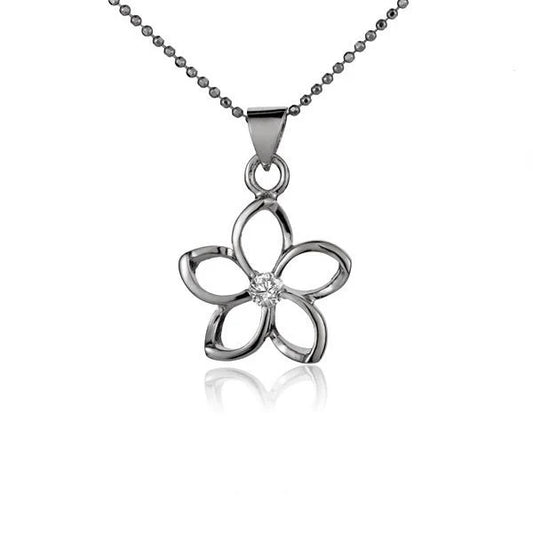 Floating Plumeria CZ pendant, 15mm, with sparkling cubic zirconia accents, showcasing a delicate floral design.