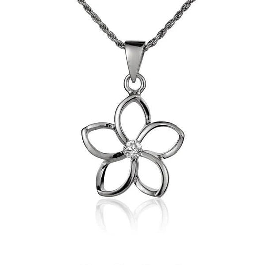 Sterling silver floating Plumeria CZ pendant, 18mm, featuring a delicate flower design with sparkling cubic zirconia accents.