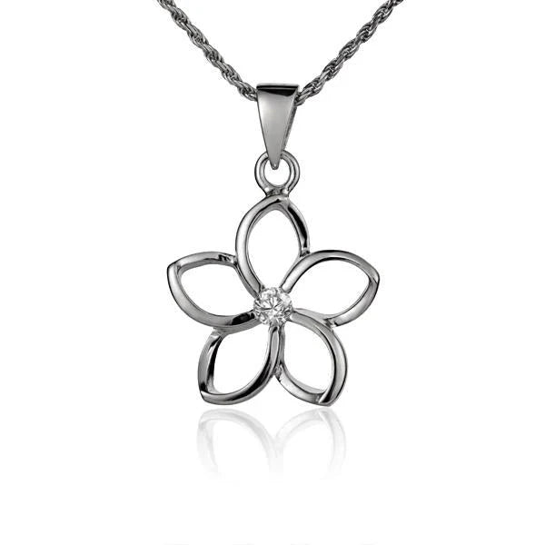 Hawaiian 925 Sterling Silver floating Plumeria CZ pendant, 18mm, featuring a delicate flower design with sparkling cubic.