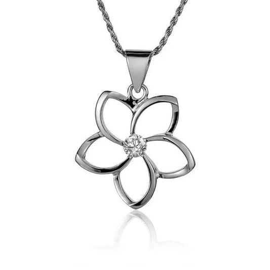Sterling silver floating Plumeria CZ pendant, 22mm, featuring a delicate flower design with sparkling cubic zirconia accents.