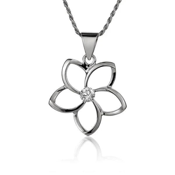 Hawaiian 925 Sterling Silver floating Plumeria CZ pendant, 22mm, featuring a delicate flower design with sparkling cubic.