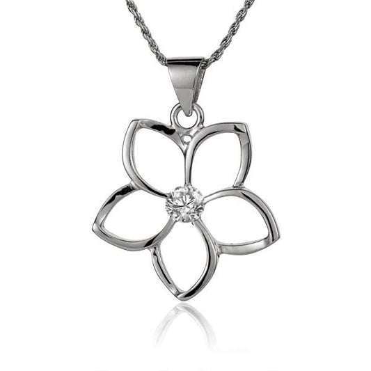 Floating Plumeria CZ pendant in 25mm with sparkling cubic zirconia, featuring a delicate floral design.