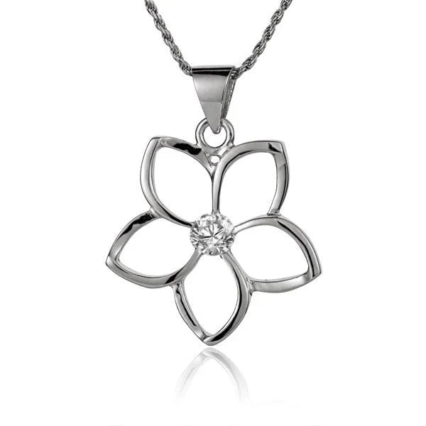 Hawaiian 925 Sterling Silver floating Plumeria CZ pendant, 25mm, with delicate design and sparkling cubic zirconia accents.