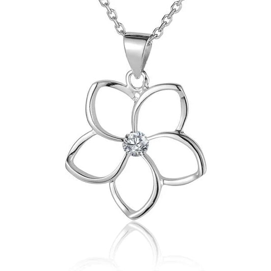 Floating Plumeria CZ pendant in 30mm, featuring a delicate flower design with sparkling cubic zirconia stones.