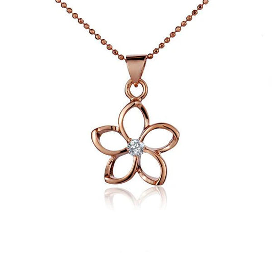 Floating Plumeria CZ PG pendant, 15mm, featuring pink gold-plated jewelry with a delicate floral design.